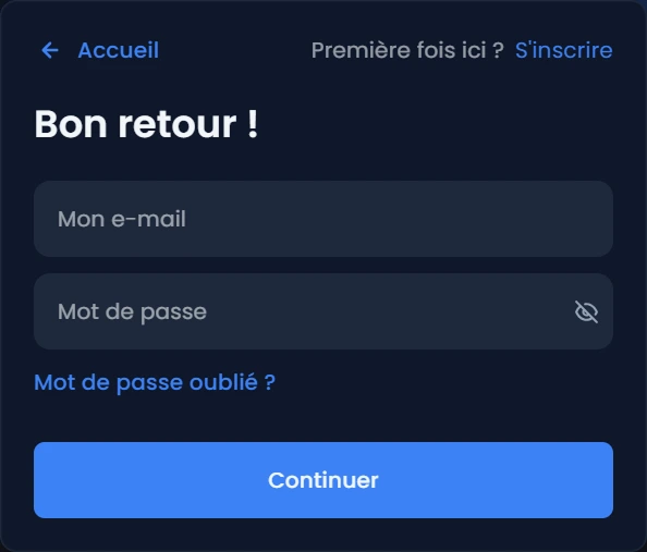 Connexion au compte Winthere Casino — écran de login avec champ e-mail et mot de passe.
