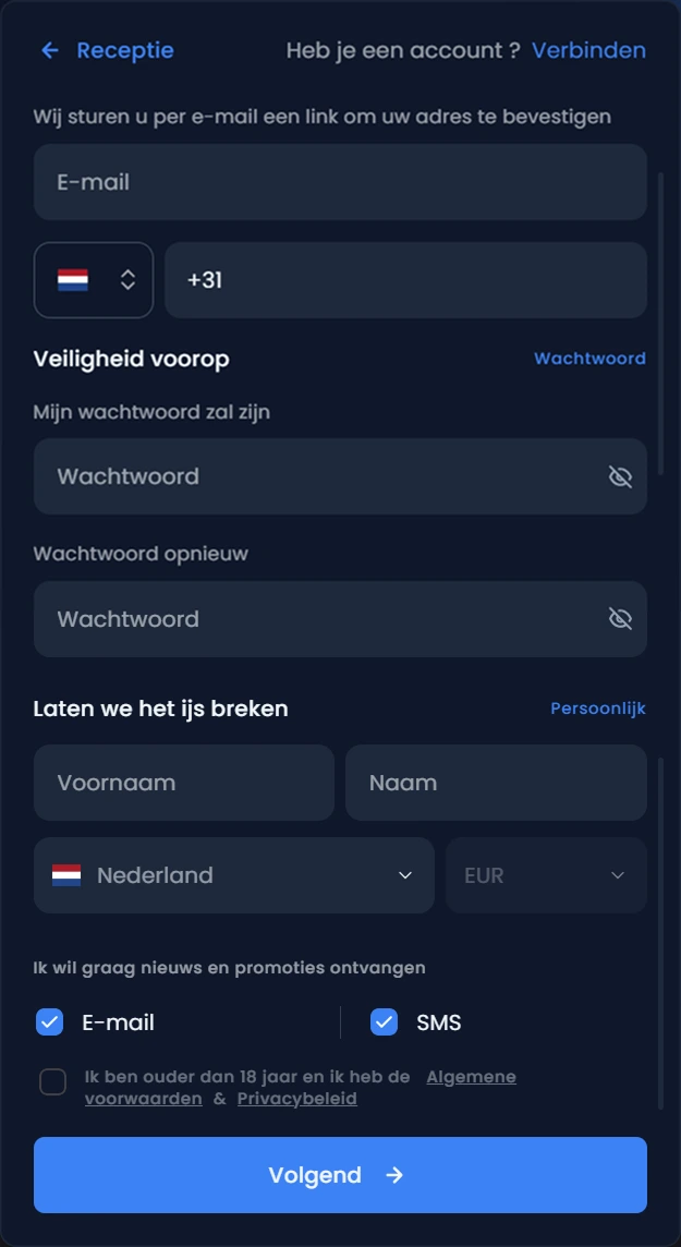 Registratieformulier Winthere — eerste stap voor nieuwe spelers