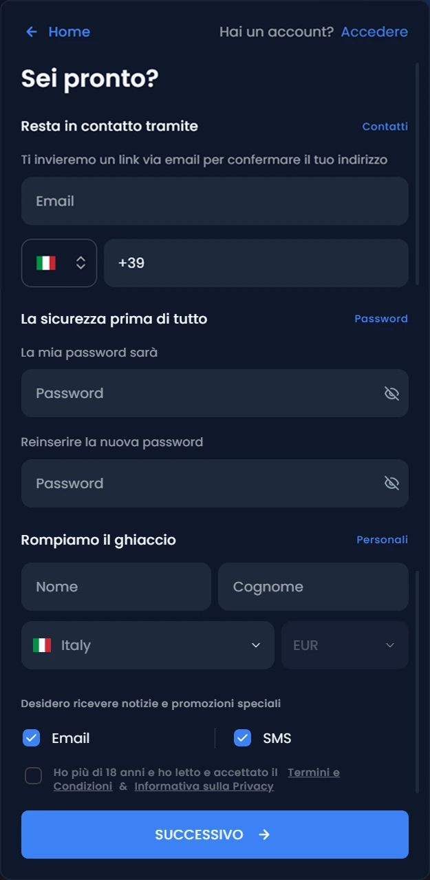 Modulo di registrazione Winthere — primo passo per creare un account