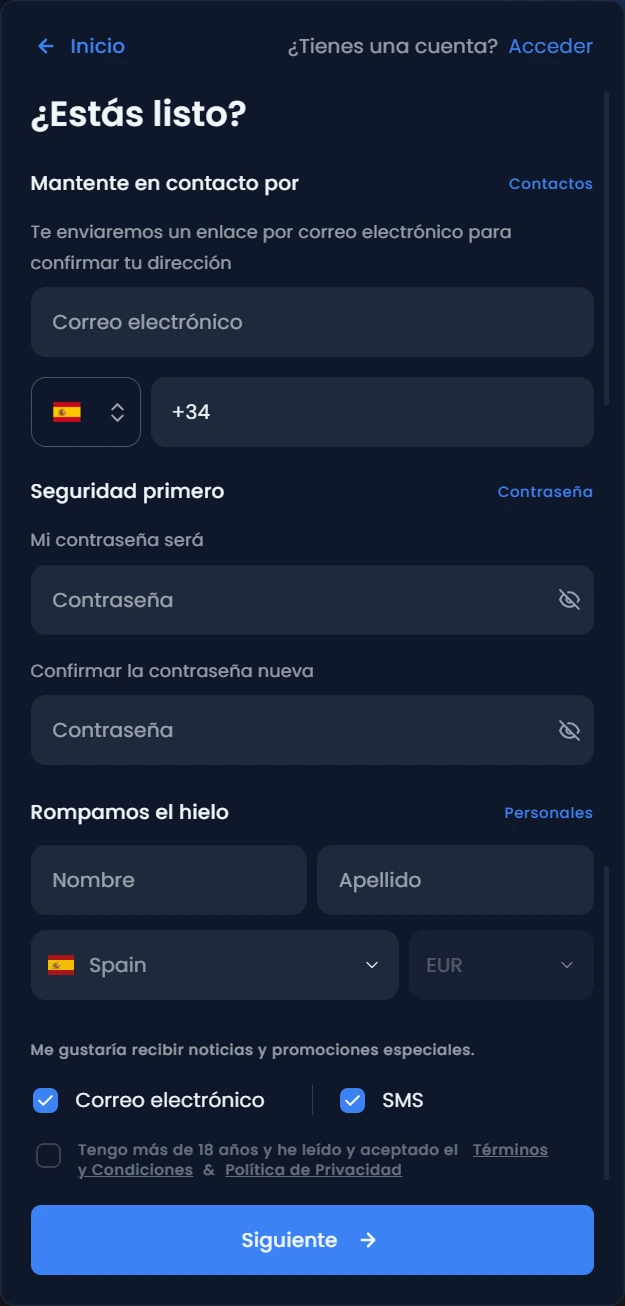 Formulario de registro Winthere — primer paso de inscripción de usuario