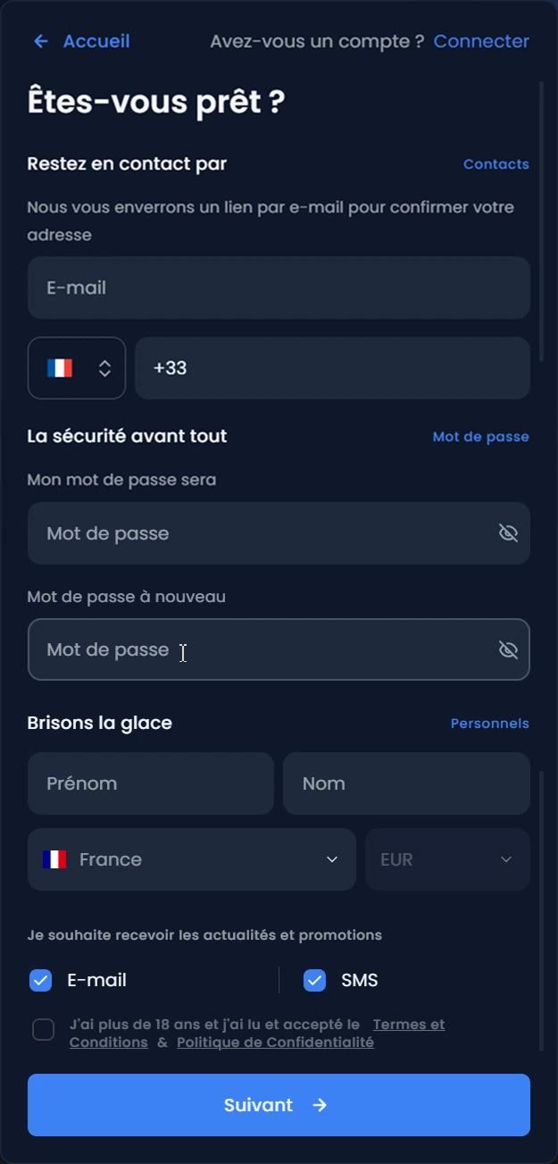 Formulaire d’inscription Winthere Casino — page d’enregistrement avec e-mail, mot de passe et pays sélectionné