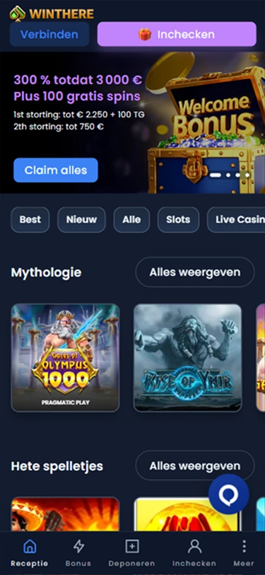 Winthere Casino-interface — overzicht van spellen en categorieën
