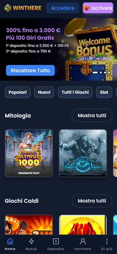 Interfaccia Winthere Casino — menu principale con categorie di gioco