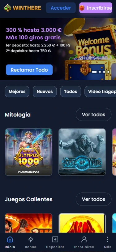 Winthere Casino interfaz — menú principal con categorías de juegos