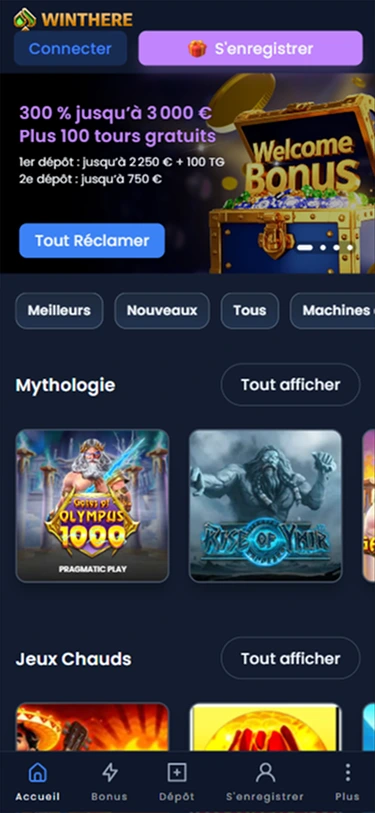 Interface Winthere Casino — aperçu des catégories de jeux et bonus sur le site officiel.