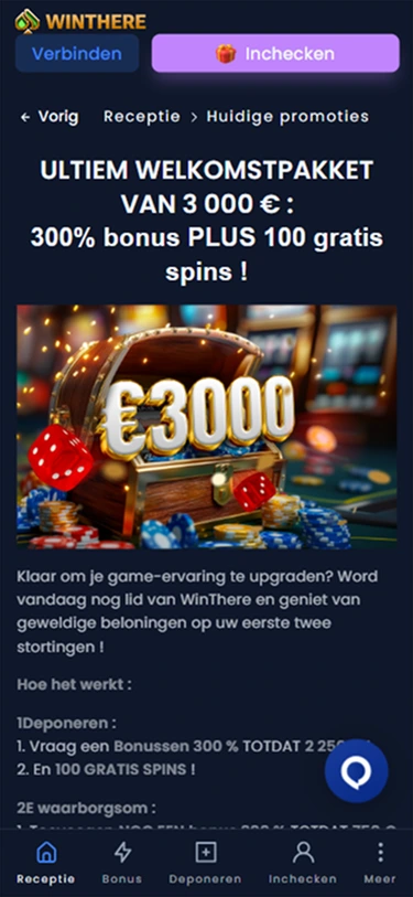 Welkomstbonus Winthere — promotie van €3000 en 100 gratis spins