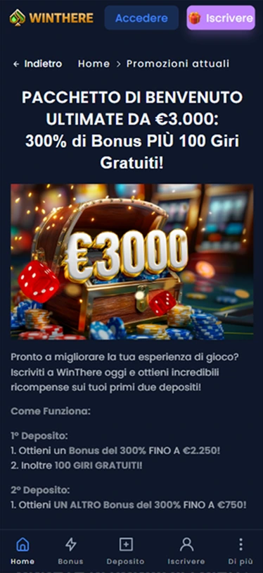 Bonus di benvenuto Winthere — promozione fino a €3000 e 100 giri gratis