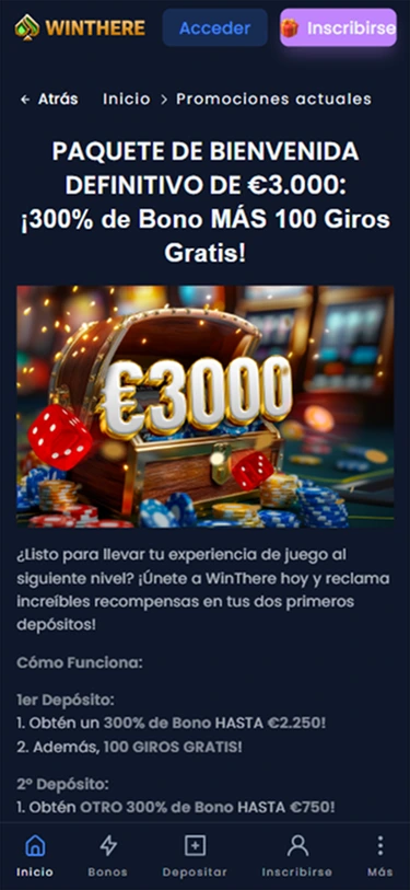 Promoción de bienvenida Winthere — bono de €3000 y 100 giros gratis