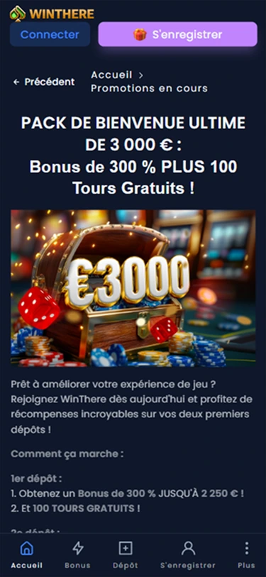 Bonus de bienvenue 3000 € — promotion de dépôt avec 300 % de bonus et 100 tours gratuits.